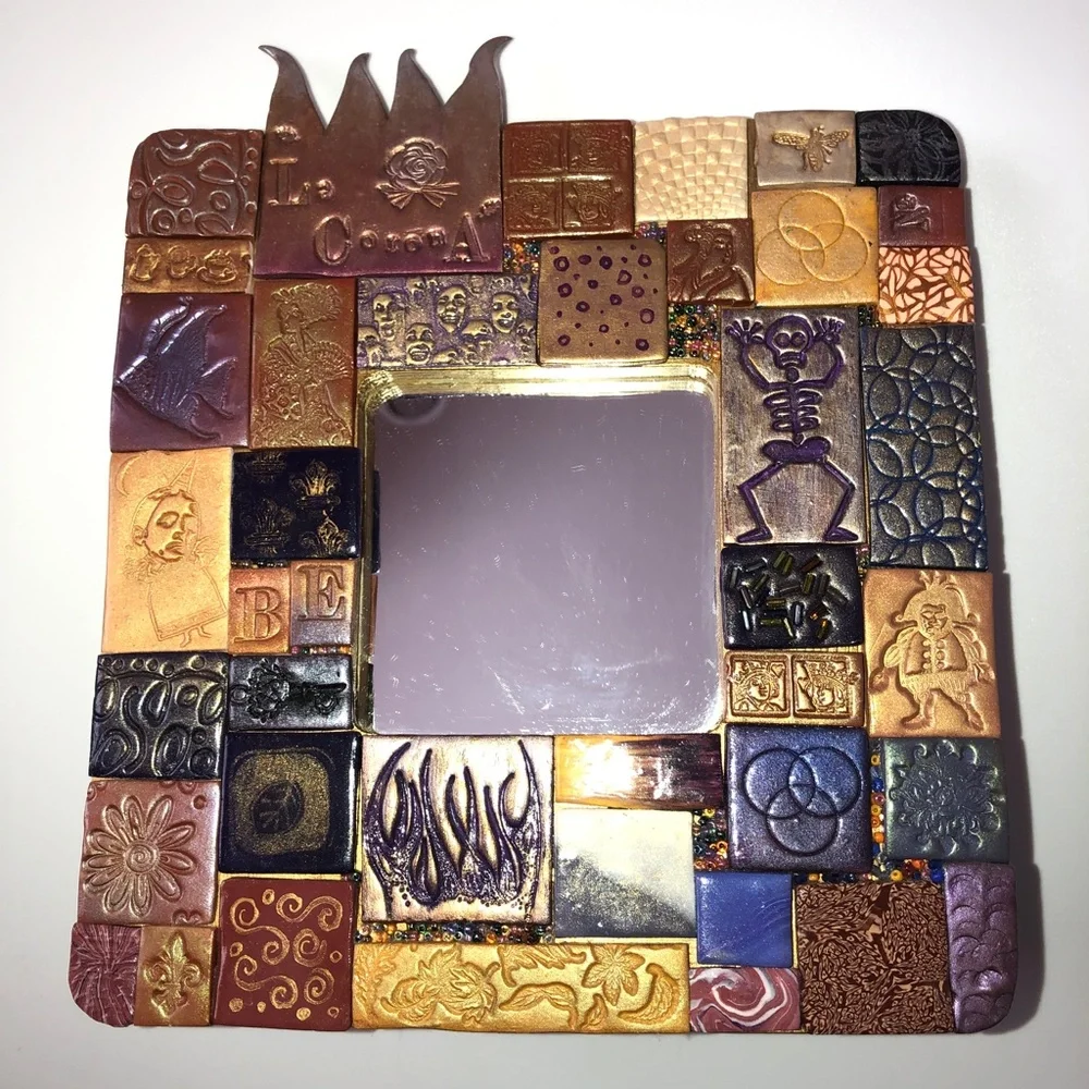 LA CORONA MIRROR Handmade Decorative Mixed Media Mosaic Tile Purple Terra Cotta